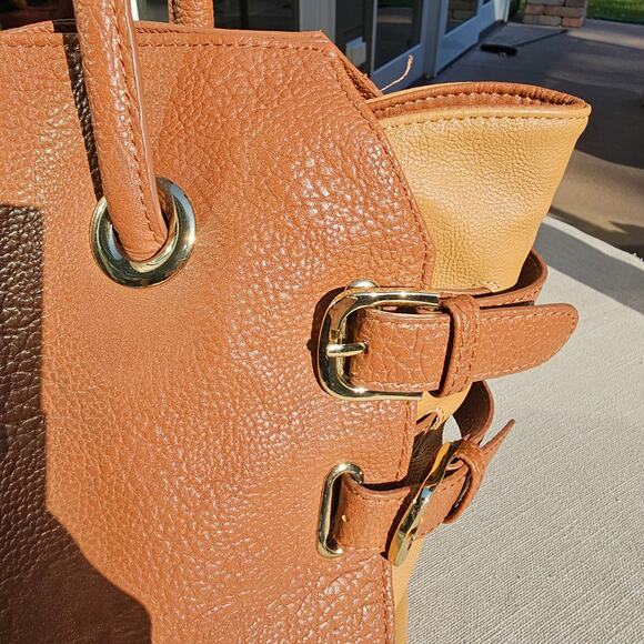 Huge Steve Madden Satchel, Camel Color, Buckle and Tassel Detail Faux Leather - Picture 3 of 11